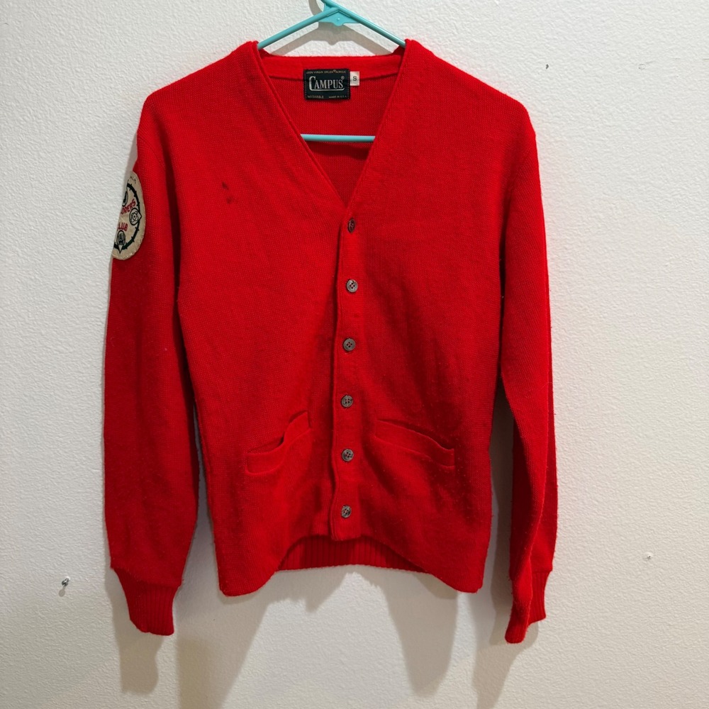 Vintage Campus Red Cardigan Sweater Explorers Club Patch Small USA Made Orlon